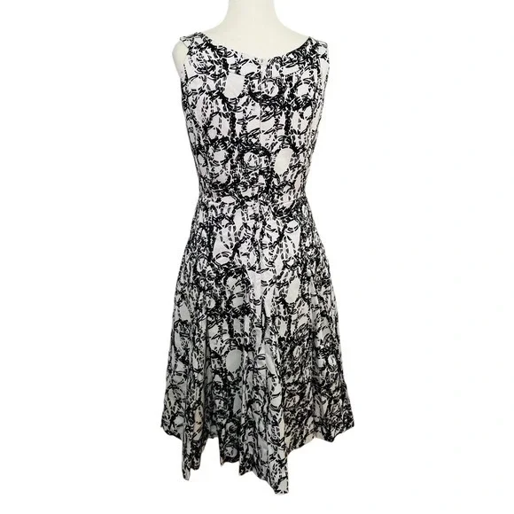Calvin Klein Size 4 Fit & Flare Dress Sleeveless Black White Print - Picture 9 of 11